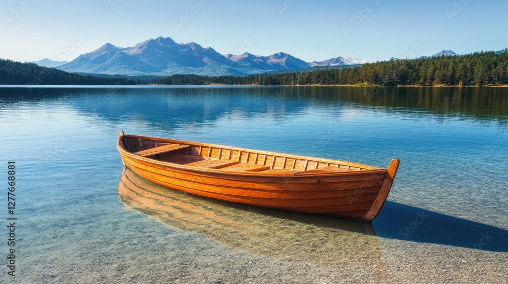 Serene Wooden Boat on Calm Lake with Mountains in Background Serene Wooden Boat on Calm Lake with Mountains in Background