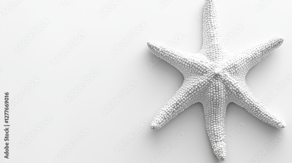 A lone white starfish with delicate textures, positioned against a clean white surface.