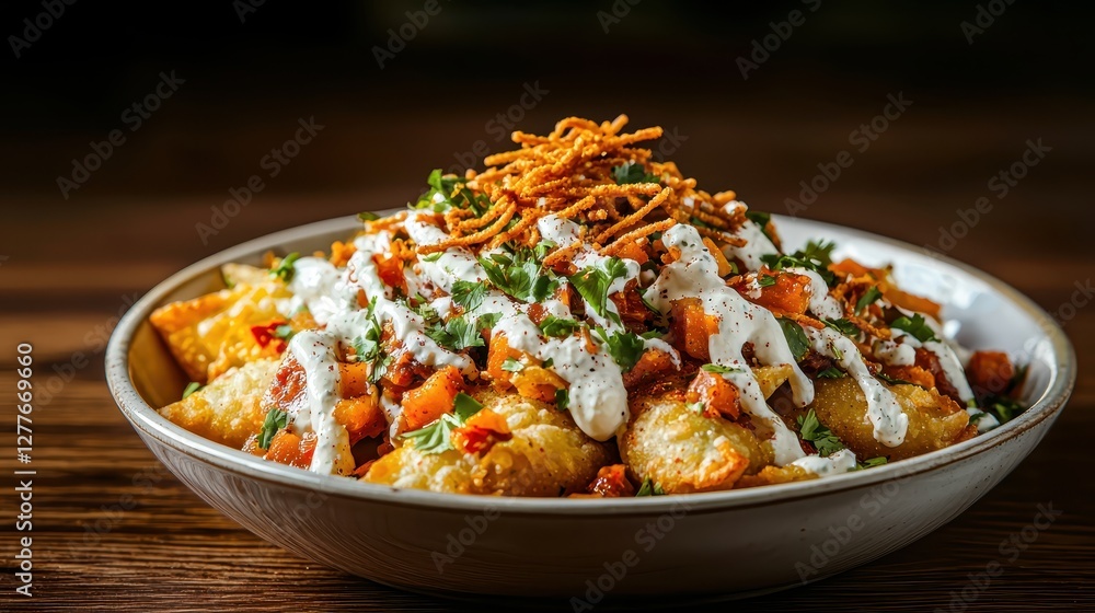 A vibrant bowl of loaded potatoes topped with yogurt sauce, crispy onions, and fresh herbs, perfect for a savory snack or appetizer. A vibrant bowl of loaded potatoes topped with yogurt sauce, crispy onions, and fresh herbs, perfect for a savory snack or appetizer.