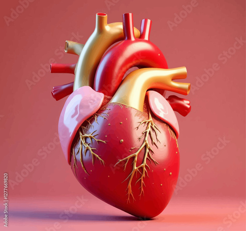 Stylized Heart with Golden Vessels on Red Background