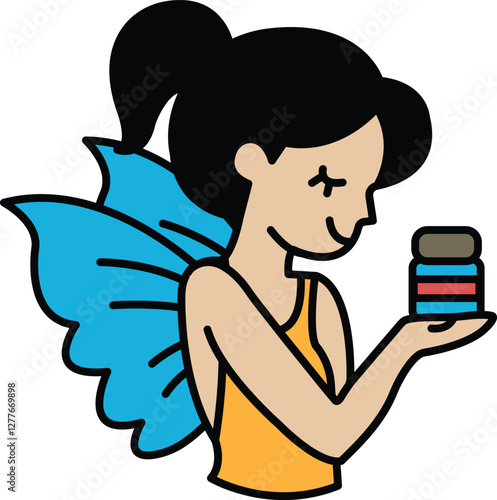 cartoon girl with a butterfly on her back holding a bottle