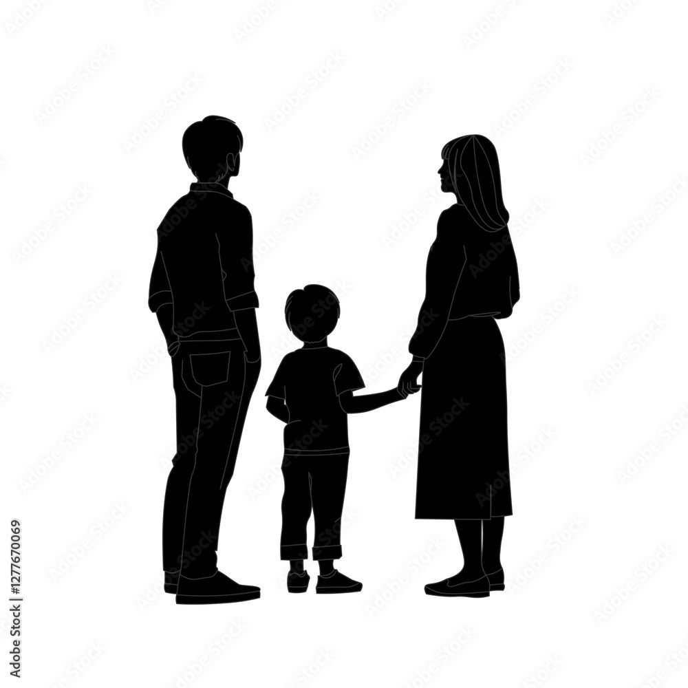 ママと子供が手を繋ぎパパと家族3人で遠くを見ている後ろ姿	黒塗