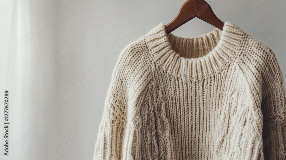 A cozy, knitted cream sweater hanging on a wooden hanger against a simple backdrop, perfect for fashion, comfort, and winter vibes. A cozy, knitted cream sweater hanging on a wooden hanger against a simple backdrop, perfect for fashion, comfort, and winter vibes.