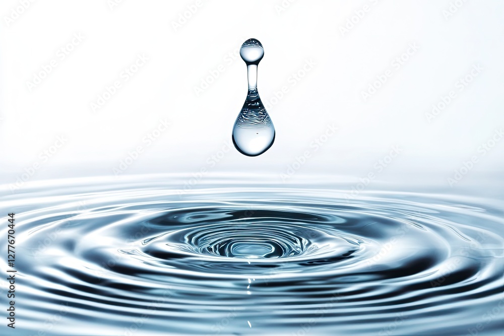 Water droplet falling, ripples, white background, purity Water droplet falling, ripples, white background, purity