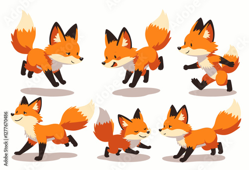 Six animated orange foxes with fluffy tails pose
