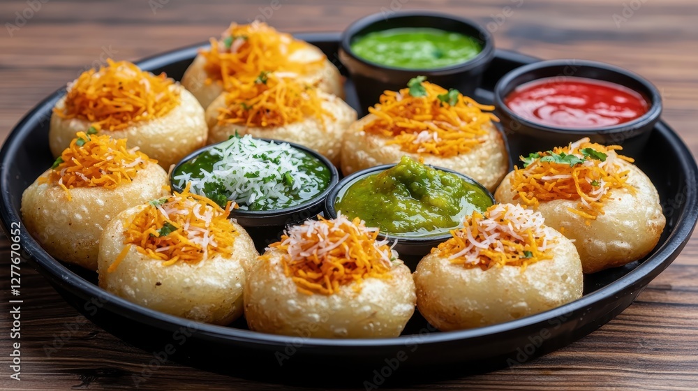 A platter of delicious Indian pani puri, featuring crispy shells topped with golden noodles and served with vibrant green and red chutneys. A platter of delicious Indian pani puri, featuring crispy shells topped with golden noodles and served with vibrant green and red chutneys.