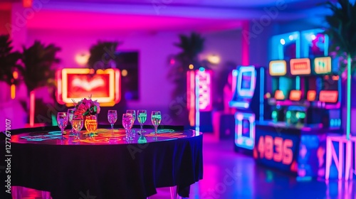 A vibrant event space illuminated with neon lights and set for a celebration with glasses