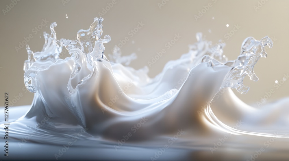 A dynamic splash of milk, showcasing smooth waves and droplets, creating an artistic representation of freshness and movement in liquid form. A dynamic splash of milk, showcasing smooth waves and droplets, creating an artistic representation of freshness and movement in liquid form.