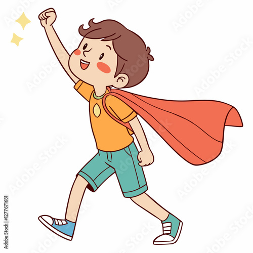 Enthusiastic boy in a cape strikes a triumphant pose, radiating joy