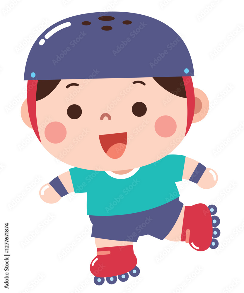 Cute cartoon illustration of a joyful child roller skating, wearing a protective helmet and safety gear Cute cartoon illustration of a joyful child roller skating, wearing a protective helmet and safety gear