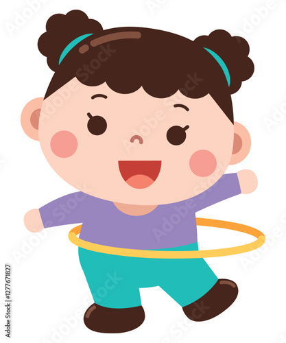 A cheerful and playful cartoon illustration of a young girl having fun with a hula hoop