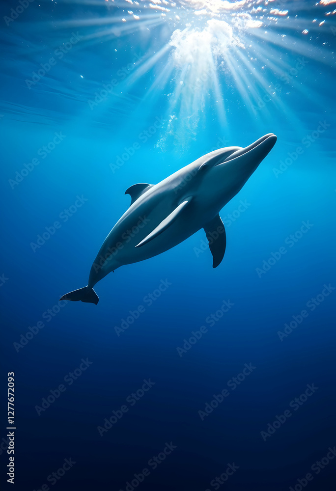 Fototapeta premium Dolphin Swimming Gracefully Underwater with Sun Rays Penetrating the Ocean