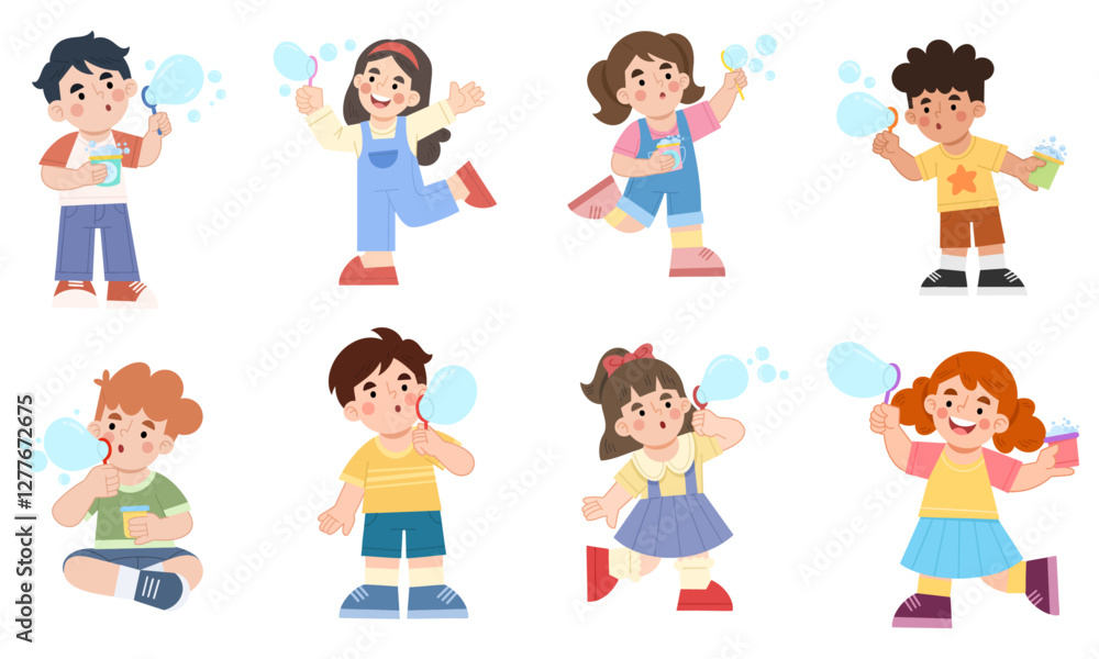 Illustration set of children playing blowing bubbles with soap Illustration set of children playing blowing bubbles with soap