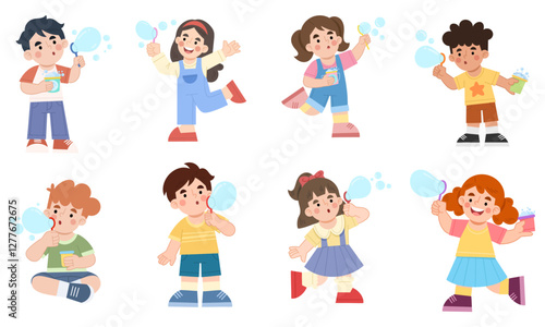 Illustration set of children playing blowing bubbles with soap
