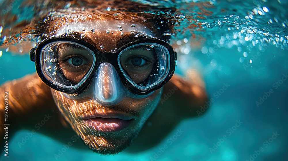 Naklejka premium Swimmer pushing off the wall in an underwater shot, bubbles trailing as they gain speed