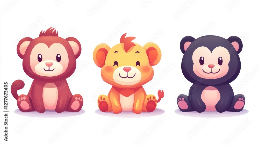 Naklejka premium Cute cartoon animals, sitting, happy, adorable, kid-friendly, illustration, digital art, childish, design, clipart, vector, graphic, flat, adorable animals, design elements.