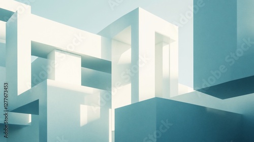Fototapeta Naklejka Na Ścianę i Meble -  Abstract Geometric Composition of Interlocking White and Blue Shapes Against a Pale Blue Background