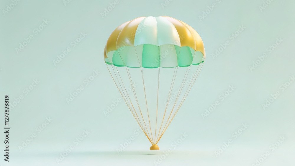 Obraz premium A colorful parachute descends gracefully against a soft background, showcasing its design and structure in a serene setting.