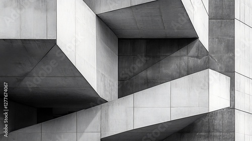 Abstract architecture featuring intersecting concrete planes in monochrome tones creating dynamic depth