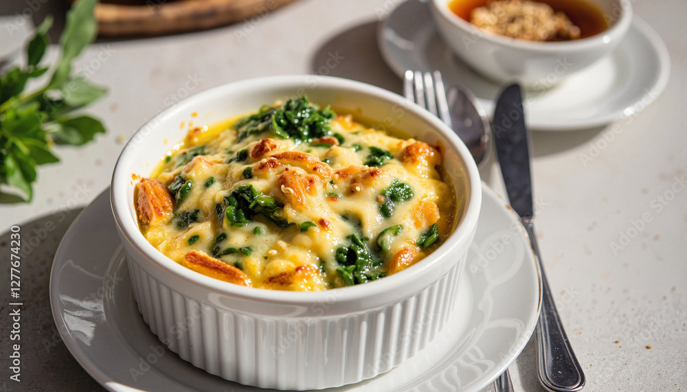 Cheesy spinach casserole in white dish on neutral background Cheesy spinach casserole in white dish on neutral background