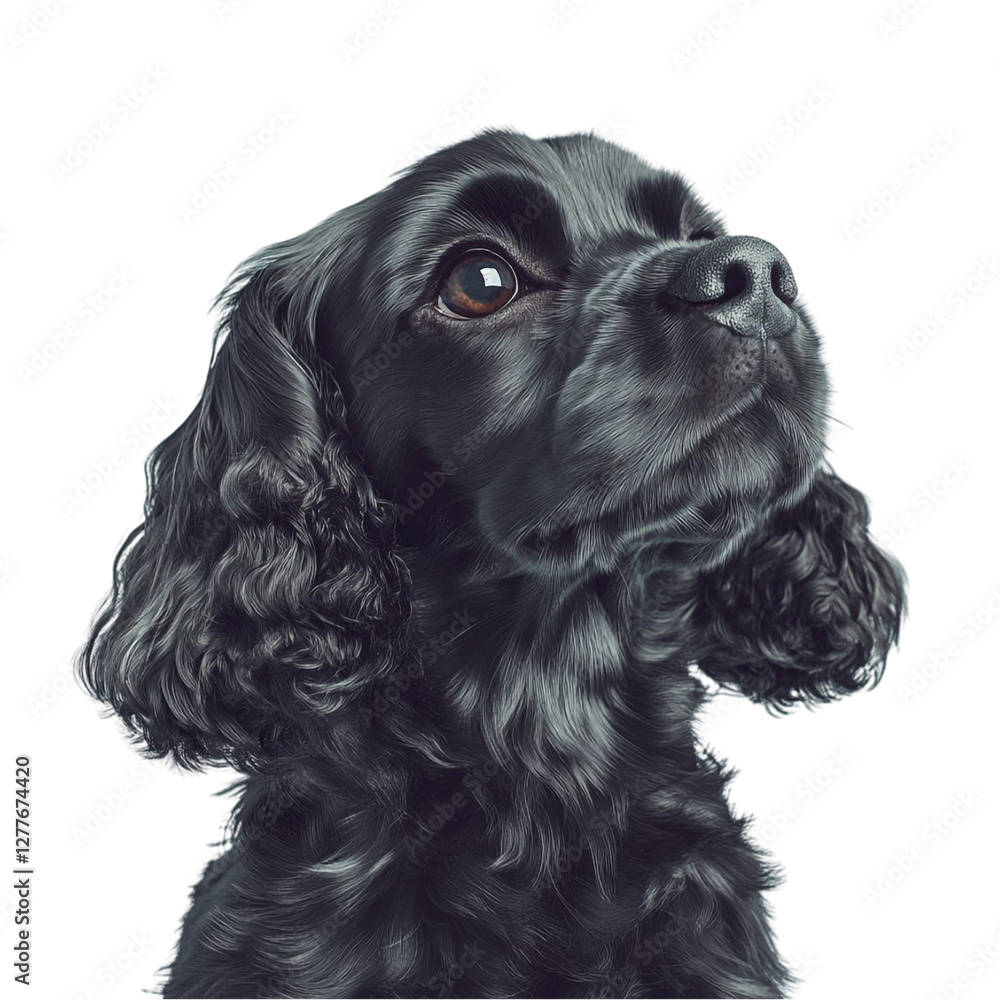 A Black Cocker Spaniel Looks Upwards Hopeful and Sweet A Black Cocker Spaniel Looks Upwards Hopeful and Sweet