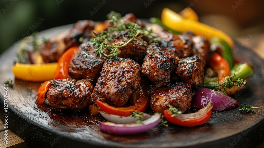 A vibrant platter of grilled chicken with colorful vegetables garnished with herbs. A vibrant platter of grilled chicken with colorful vegetables garnished with herbs.