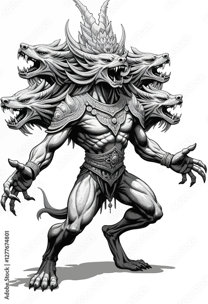 Grayscale monster with multiple canine heads and detailed armor Grayscale monster with multiple canine heads and detailed armor