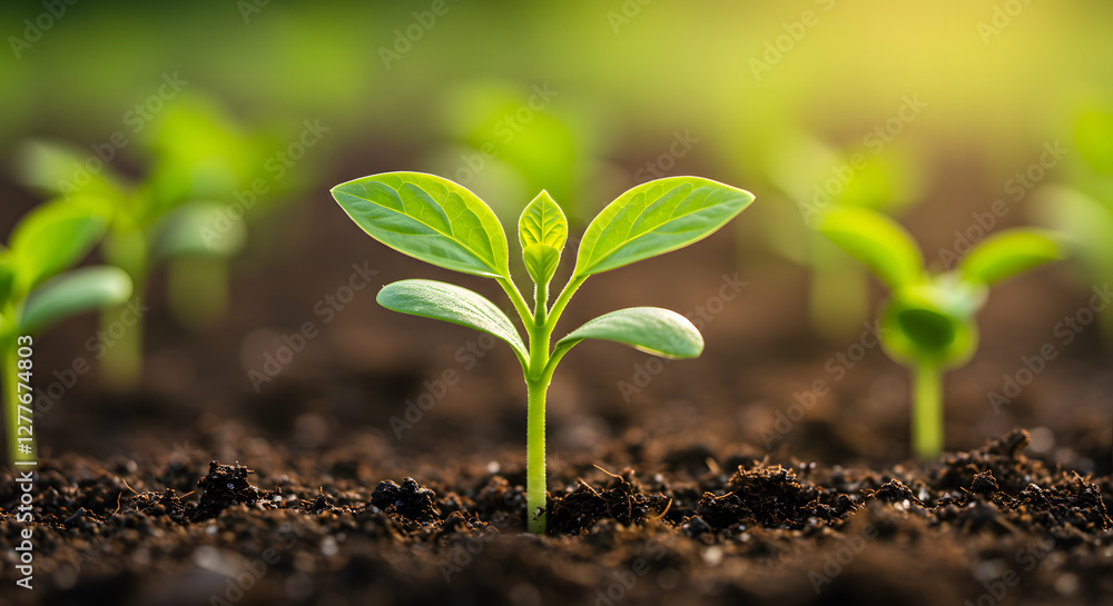 Fototapeta premium Green Seedlings Growing in Soil with Sunlight