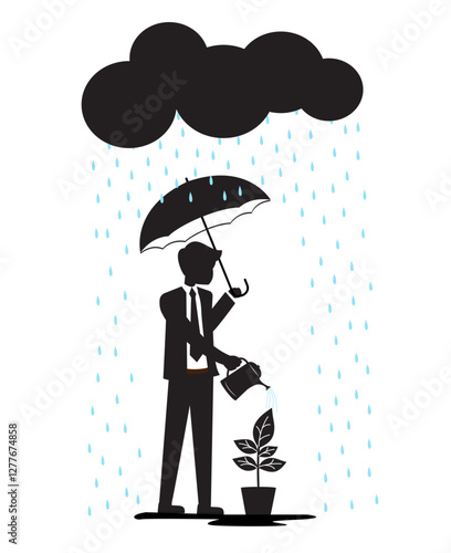 person hat business black suit umbrella rain water sprout illustration concept mental health care protecting own idea