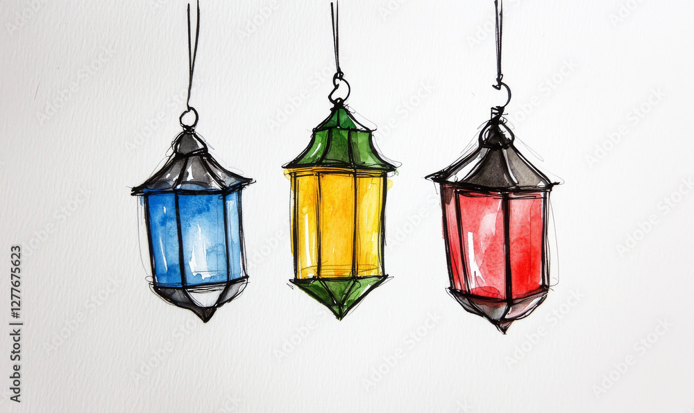 Elegant Hanging Lanterns in Watercolor Style Elegant Hanging Lanterns in Watercolor Style
