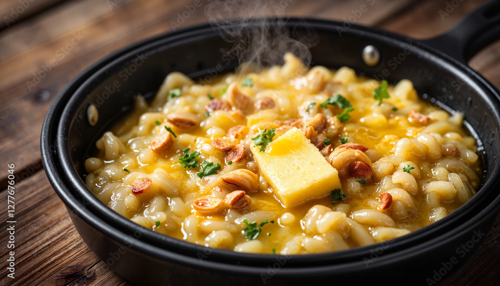 Delicious pasta dish with butter and herbs in black frying pan Delicious pasta dish with butter and herbs in black frying pan