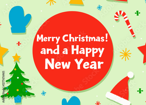 Festive holiday icons with "Merry Christmas and a Happy New Year" text