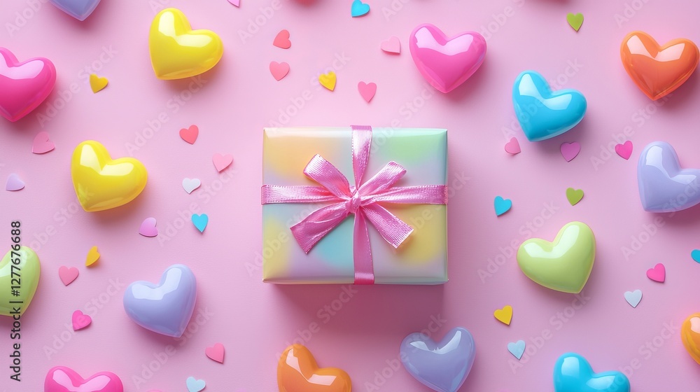 Playful neon hearts in rainbow colors scattered across glossy pink packaging, creating a cheerful Valentines box design Playful neon hearts in rainbow colors scattered across glossy pink packaging, creating a cheerful Valentines box design