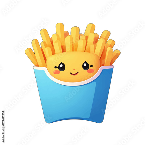 Cute french fries in blue container with kawaii face