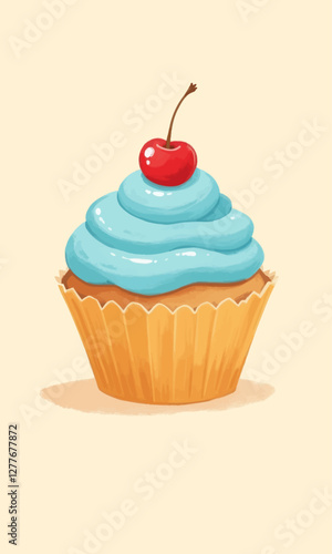 Cupcake with blue icing and cherry topping