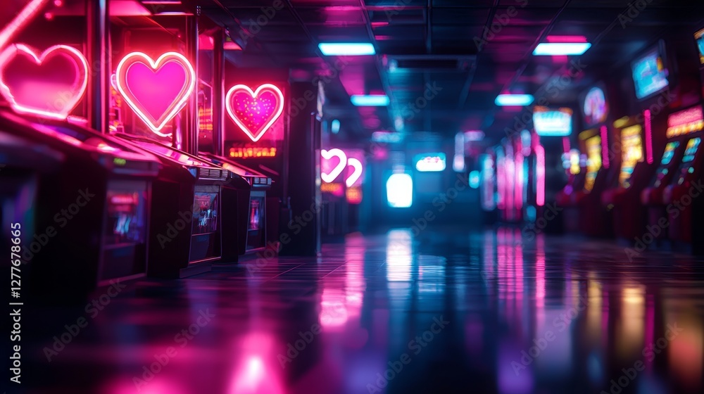 Fototapeta premium Retro style arcade with neon heart shaped signs, pink and red glow, vibrant reflections on the floor