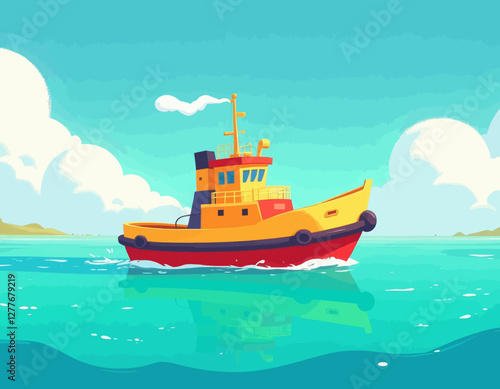 Cartoon tugboat on teal sea with puffy white clouds