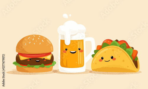 Cartoon Burger, Beer, and Taco with Cute Smiling Faces