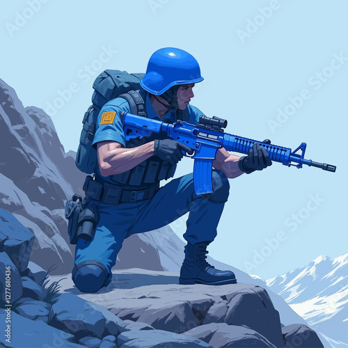 Blue Uniformed Soldier Kneeling Mountain Top with Rifle