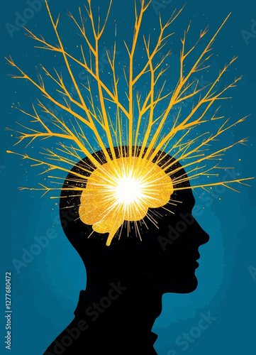 Brain exploding with insight in silhouette on blue background