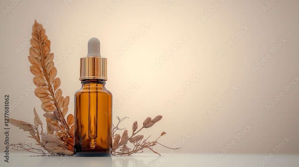 Fototapeta premium Amber Glass Dropper Bottle with Dried Flowers Branches
