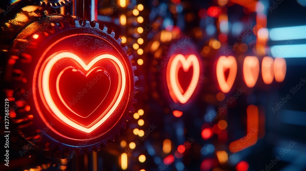 Steampunk inspired neon backdrop with glowing gears and heart shaped neon cogs, brass and dark tones, unique aesthetic Steampunk inspired neon backdrop with glowing gears and heart shaped neon cogs, brass and dark tones, unique aesthetic