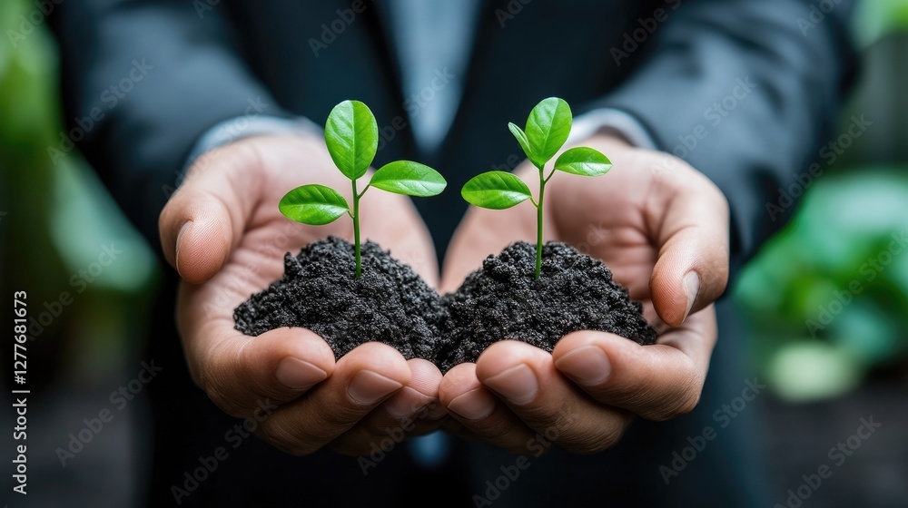 Growing Business, Sustainable Future, Hands Holding Saplings Growing Business, Sustainable Future, Hands Holding Saplings