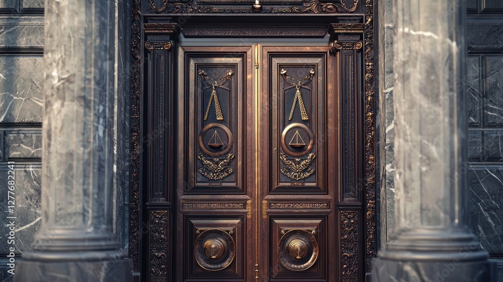Ornate Double Doors of Justice: Architectural Grandeur Ornate Double Doors of Justice: Architectural Grandeur