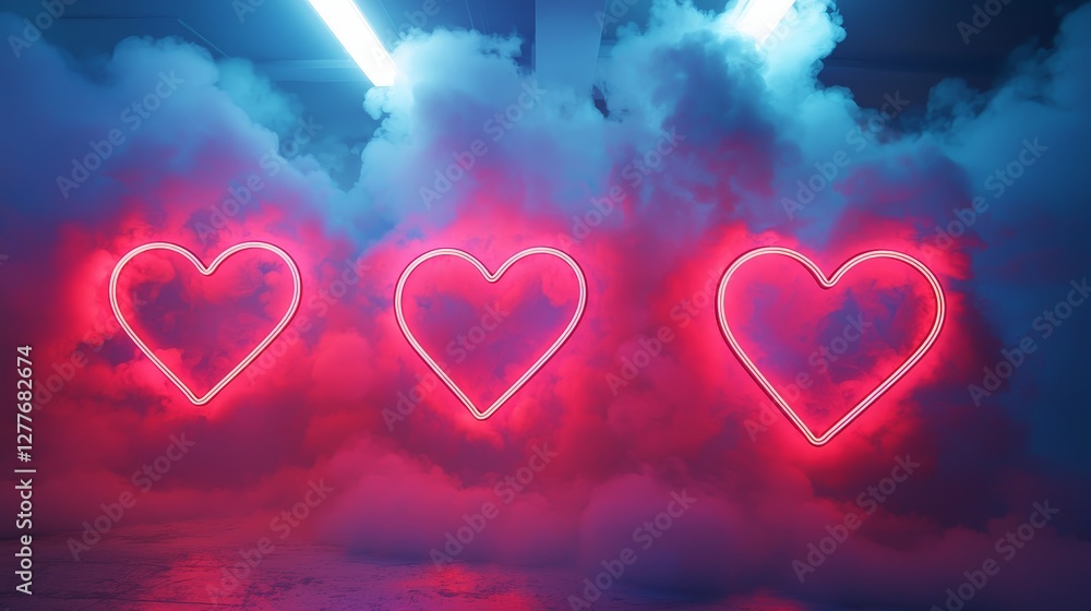 Valentines display with neon hearts glowing through mist, creating a dreamy and ethereal effect, fantasy theme Valentines display with neon hearts glowing through mist, creating a dreamy and ethereal effect, fantasy theme