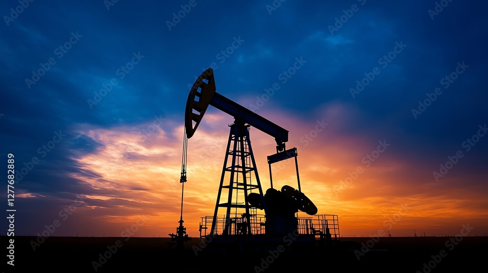 Silhouette of an oil pumpjack against a vibrant twilight sky, symbolizing energy production and the oil industry. Perfect for energy or environmental content Silhouette of an oil pumpjack against a vibrant twilight sky, symbolizing energy production and the oil industry. Perfect for energy or environmental content