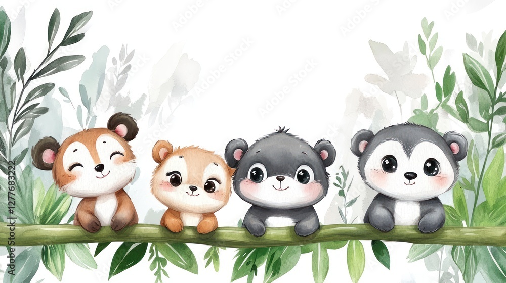 Cute cartoon animals sitting on a branch in a lush forest. Cute cartoon animals sitting on a branch in a lush forest.