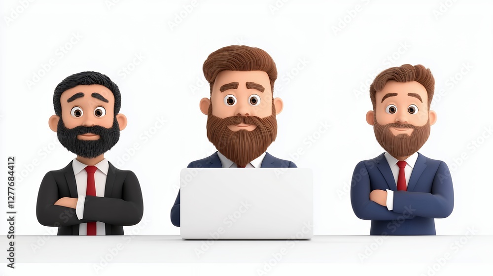 Cartoon Businessmen Posing With Laptop On White Background