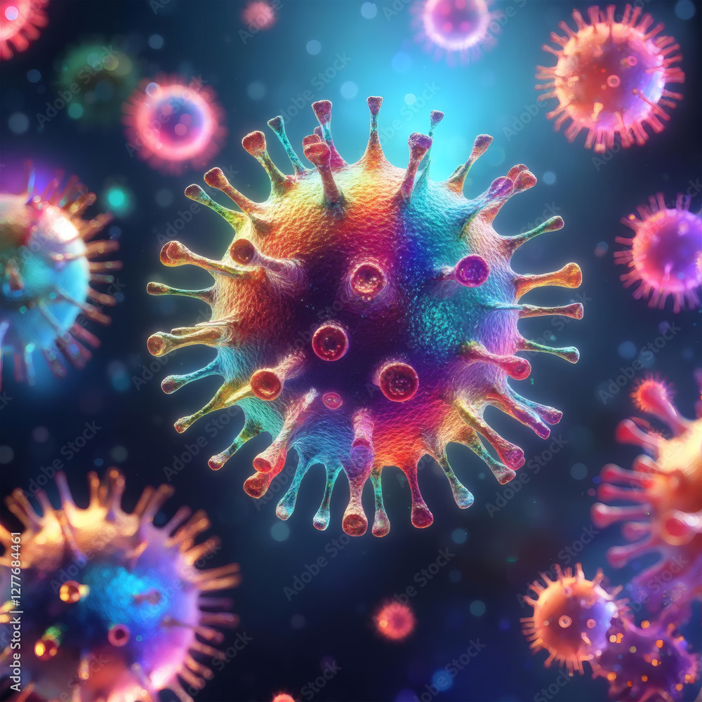 Vibrant 3D Rendered Close-Up of Colorful Human Viruses on Glowing Background - Microbiology, Pathogens, Disease Concept Vibrant 3D Rendered Close-Up of Colorful Human Viruses on Glowing Background - Microbiology, Pathogens, Disease Concept