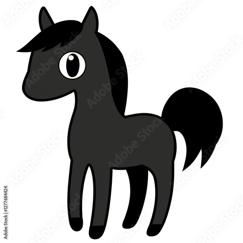 Cute Black Horse in Cartoon Style on White Background